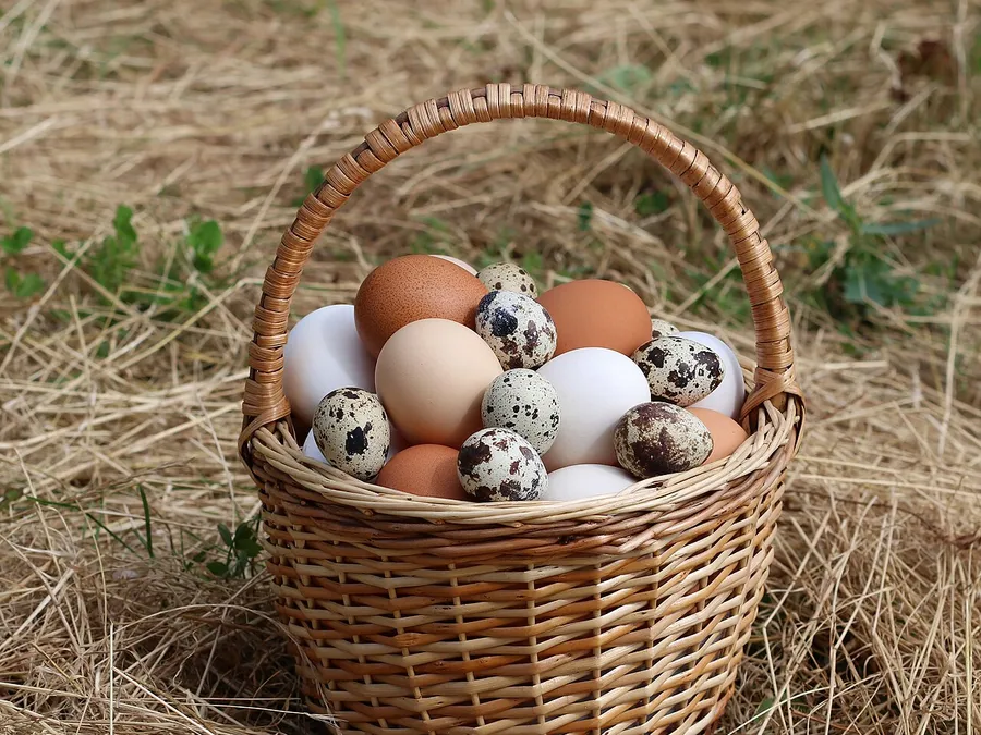 A basket of brown and speckled farm eggs resting in straw.